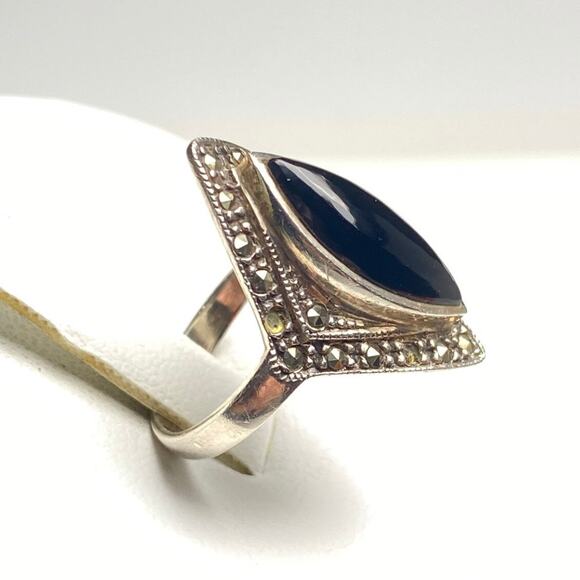 Sterling Silver Marcasite Black Onyx Art Deco Style Ring 925 Size 5.5 - Picture 5 of 10